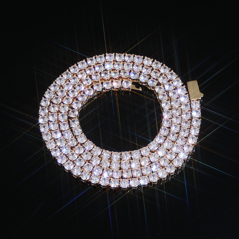 Hip Hop Tennis Chain Necklace 18K Real Gold Plated Full 5A Zircon Spring Clasp