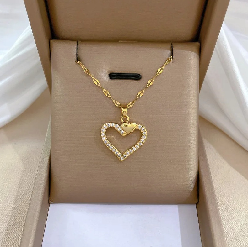 1pc Heart Zirconia Necklace Gold Color Stainless Steel O-Chain – NEW