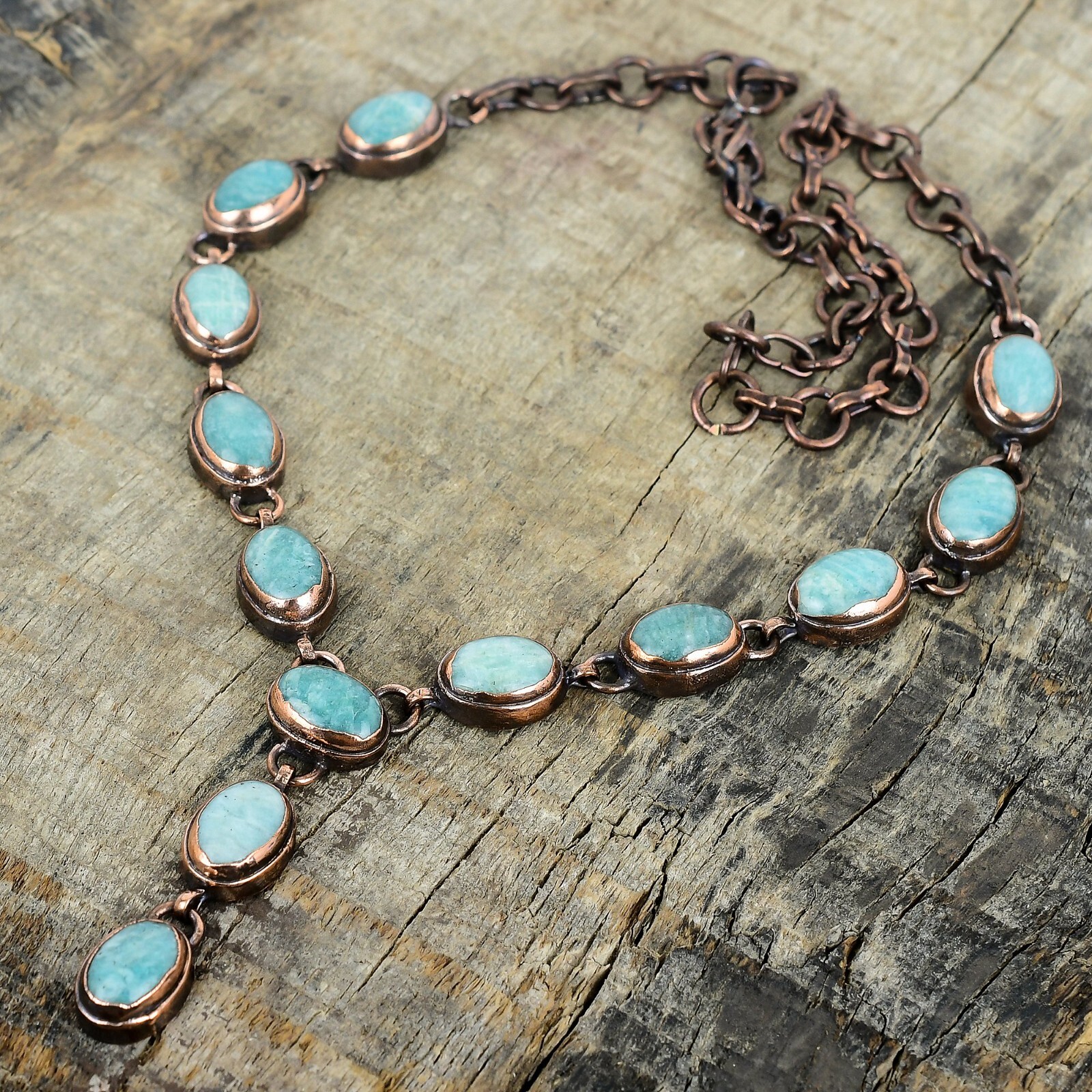 Valentines Deal Copper Amazonite Gemstone Chain Electroformed Necklace Jewelry