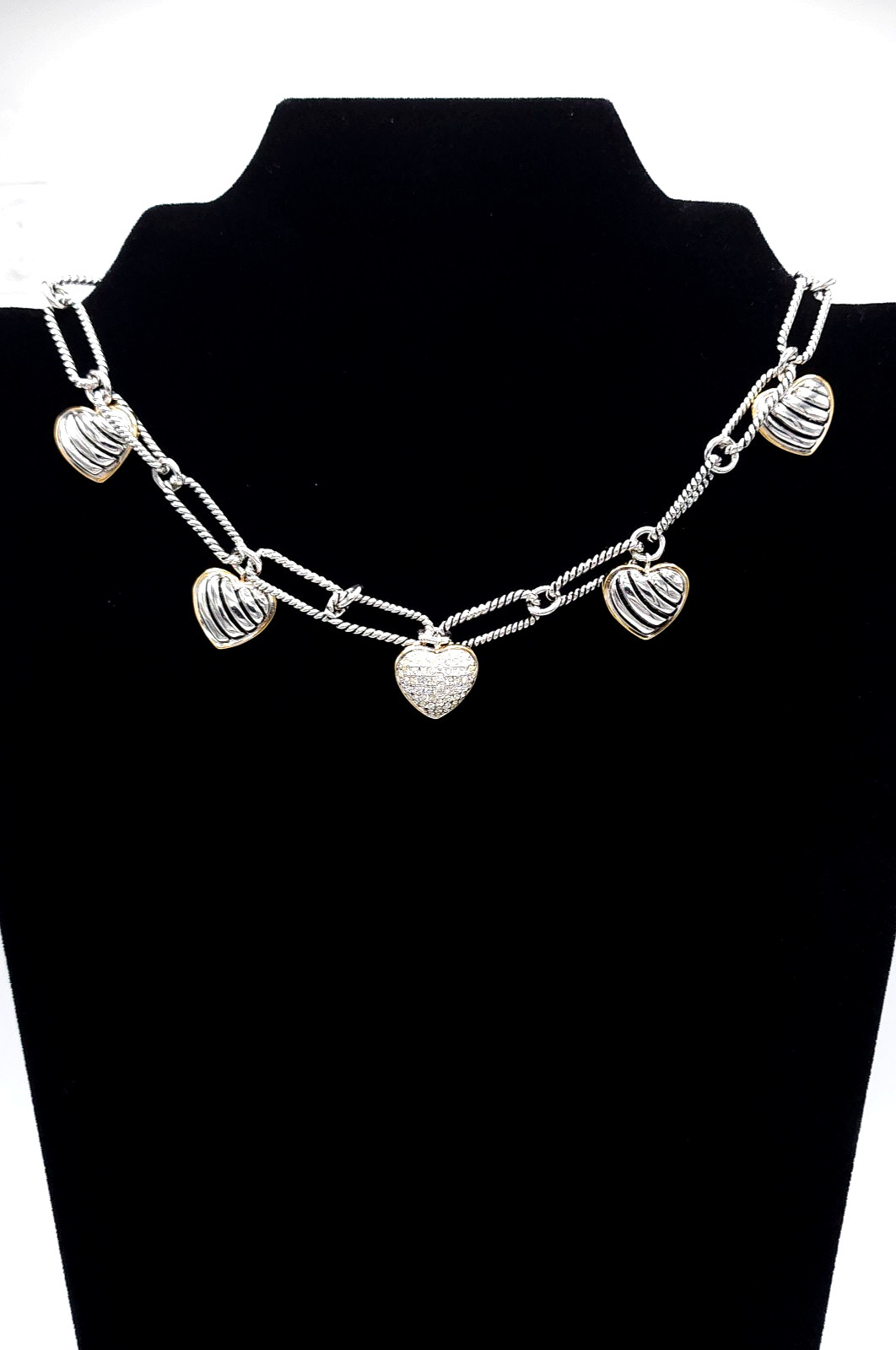 Heart Charm Necklace Paperclip Chain Rhinestone Pave Heart Toggle Clasp 16in