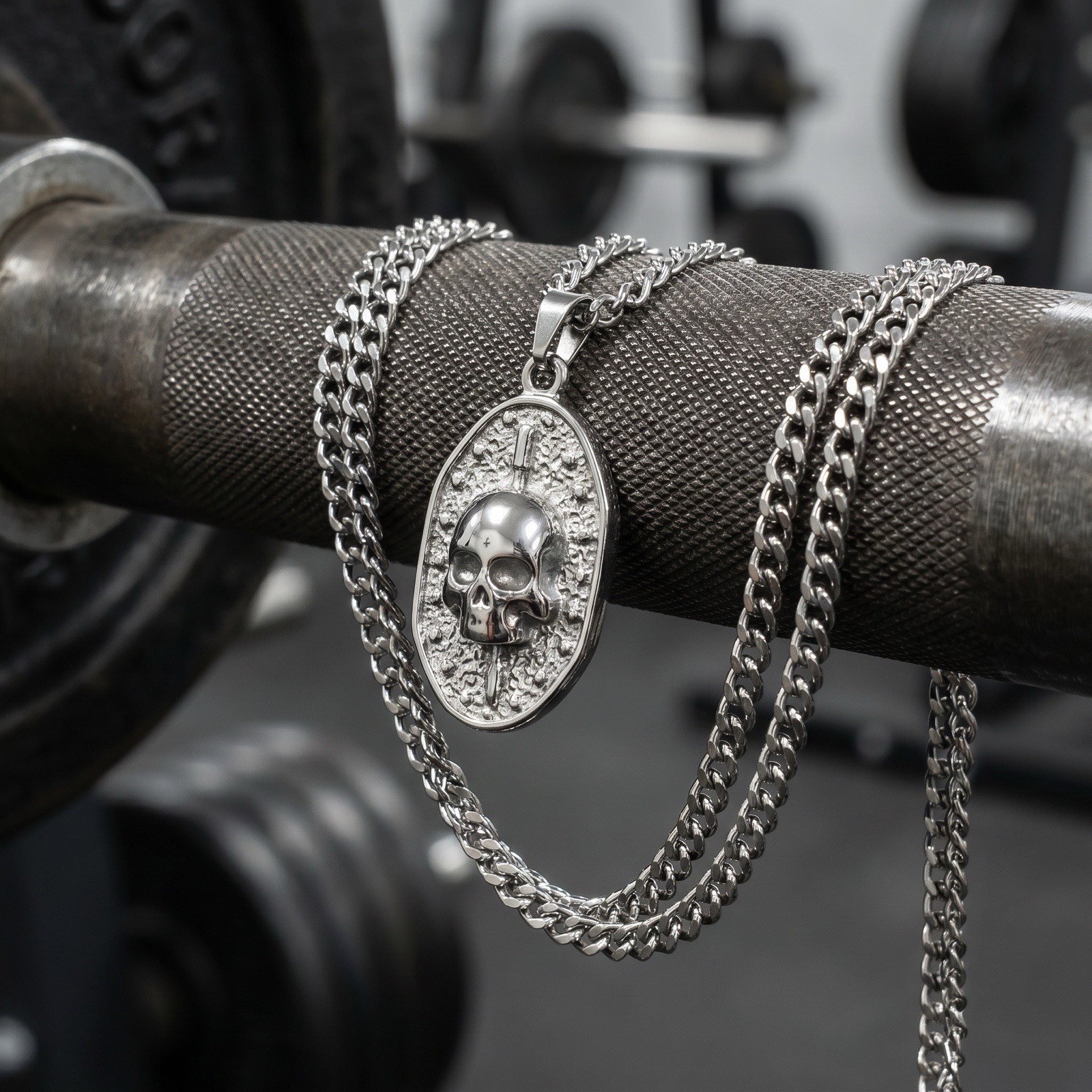 Mens Skull Stainless Steel Fitness Workout Gym Bodybuilding Pendant Necklace