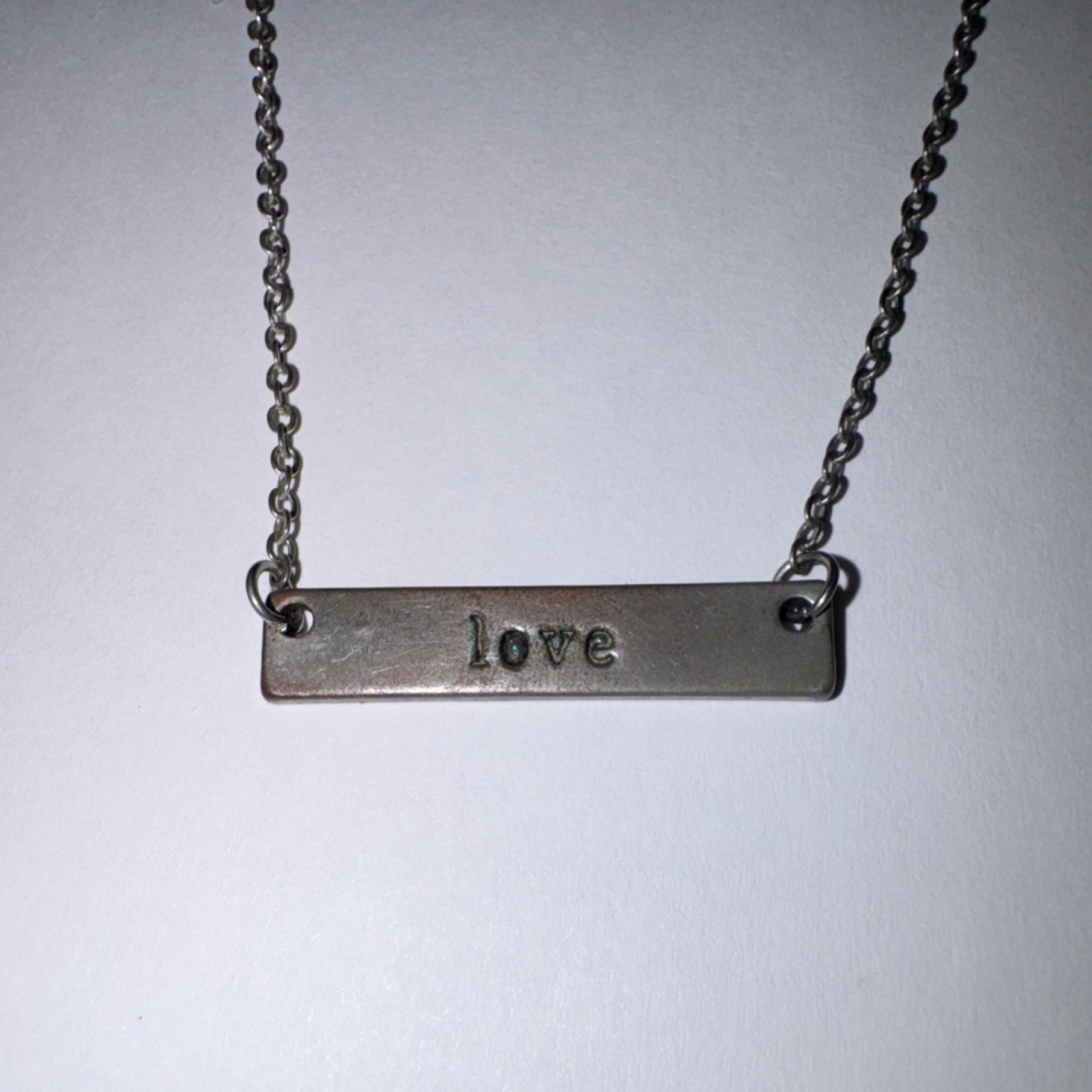 Silver Tone Cable Chain Necklace Bar Pendant ‘love’ Engraved, Adjustable Clasp