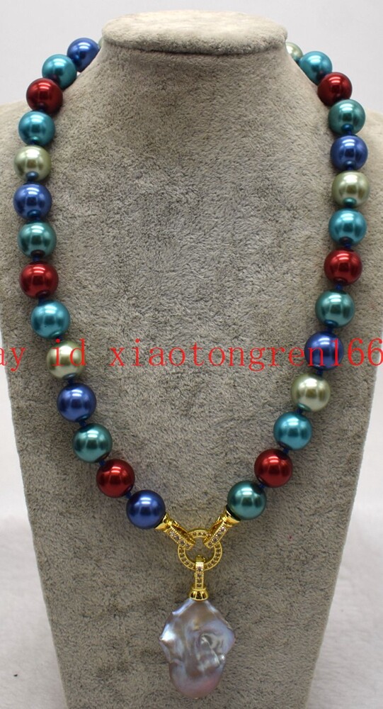 Fashion 12mm Multicolor Shell Pearl & Baroque Pearl Pendant Necklace 16-24in