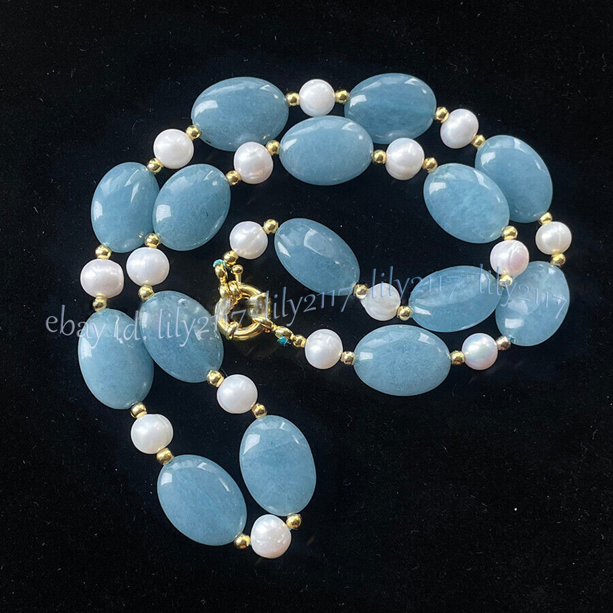 13x18mm Natural Blue Aquamarine Oval Gemstone White Pearl Necklace 14-48 inches