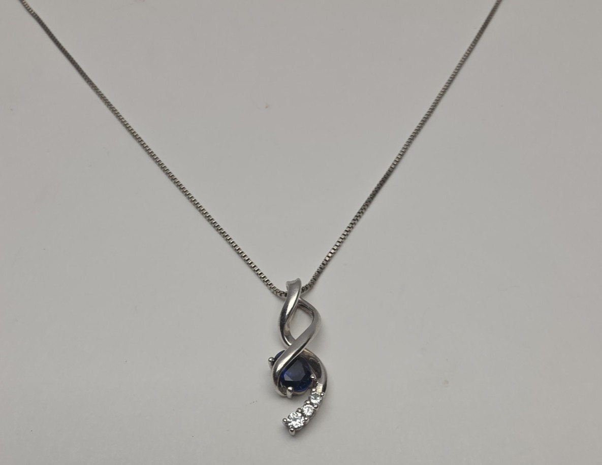 Kay Jeweler Lab Created Blue Sapphire Diamond 18″ Sterling Silver Necklace