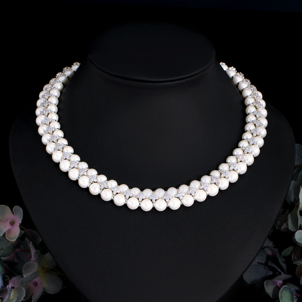Handmade Pearl Cubic Zircon Multiple Cluster Wedding Engagement Choker Necklace