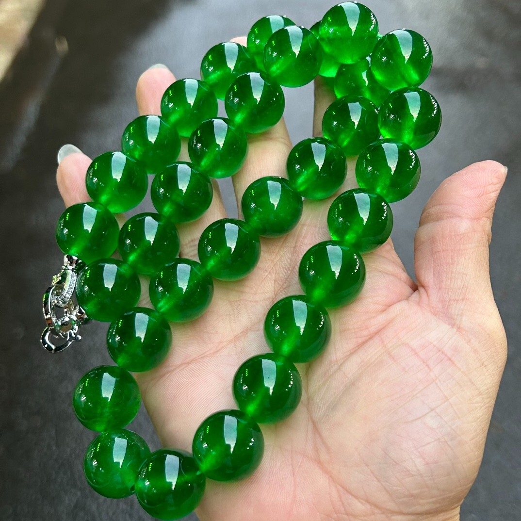 17mm Real Natural Perfect Ice Green Myanmar Beads Jade jadeite Necklaces