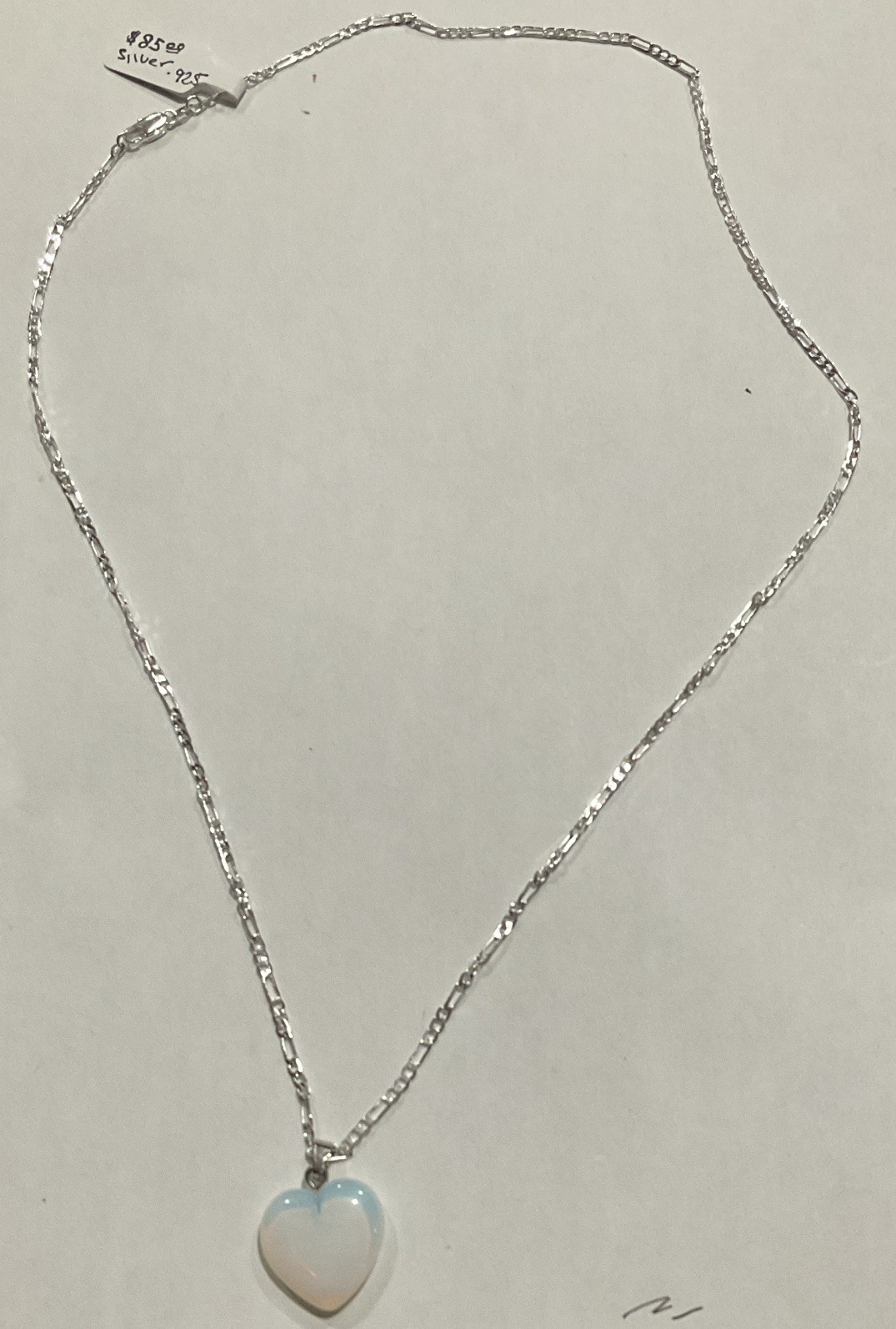 925 Sterling Silver Figaro Chain Necklace Heart Opalite Charm Pendant Lobster