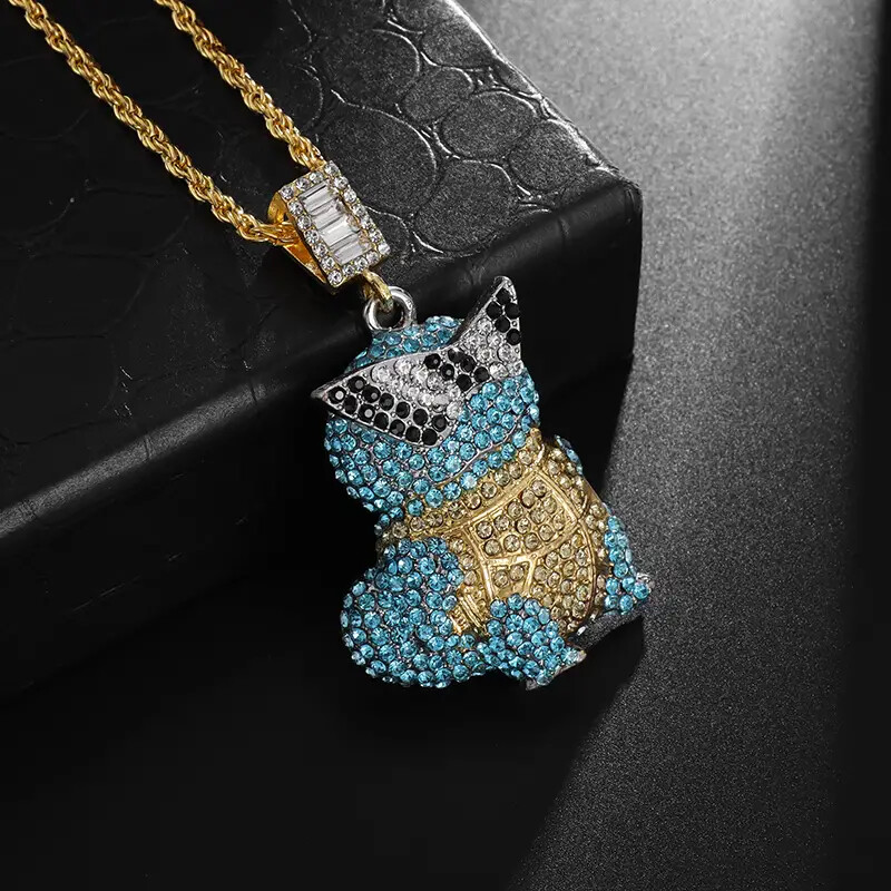Squirtle Turtle Hip Hop Iced Cubic Zirconia Pendant Rope Chain Bling Necklace