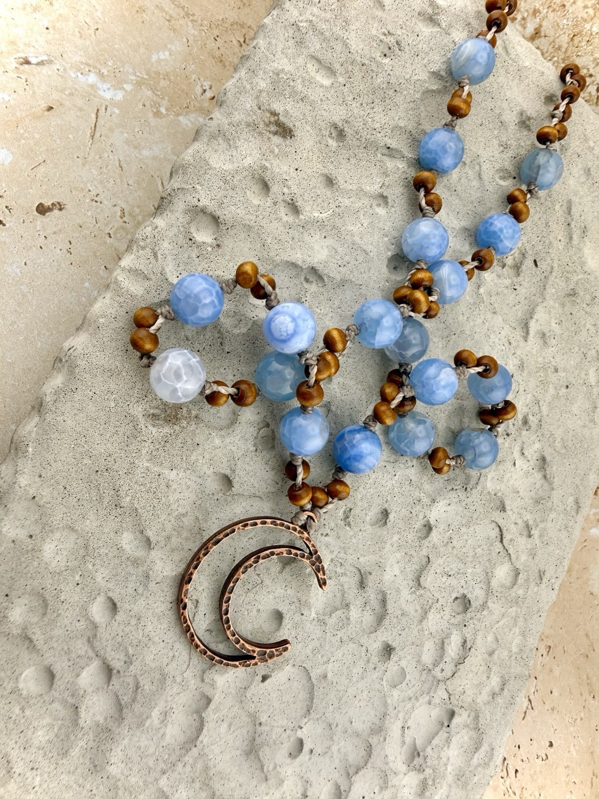 Copper Moon Pendant Necklace w/ Blue Banded Crackle Agate Crystal USA Artisan