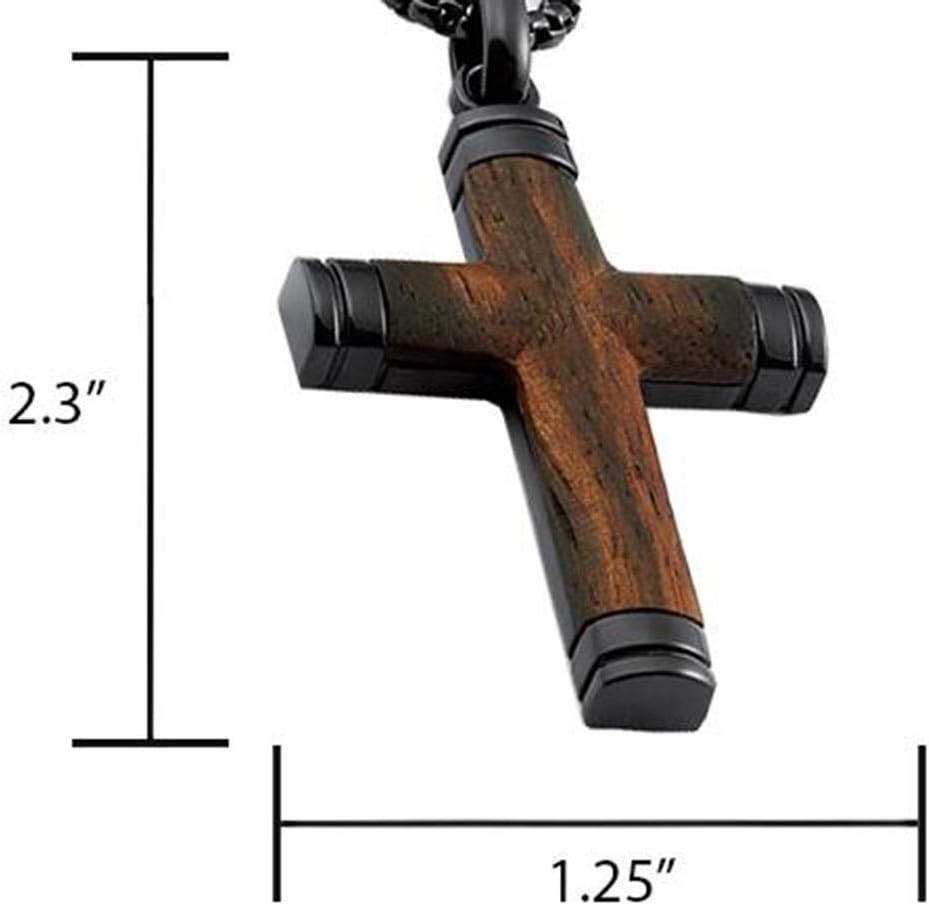 Men’s Black Stainless Steel Cross Pendant Necklace with Santos Wood Inlay | 24″