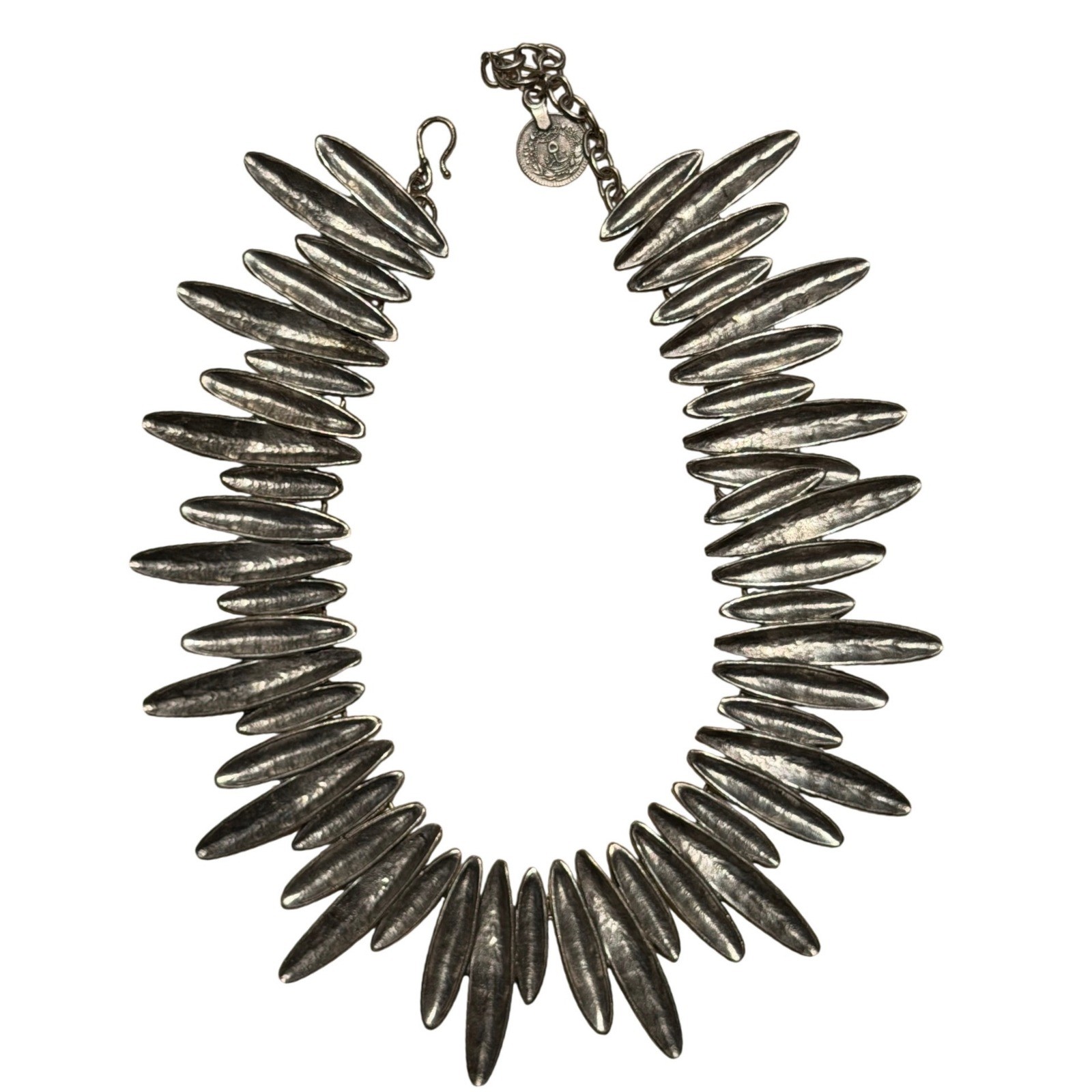 QuiQuattro “Leaf” Silver Plated Hammered Spike Statement Bib Necklace