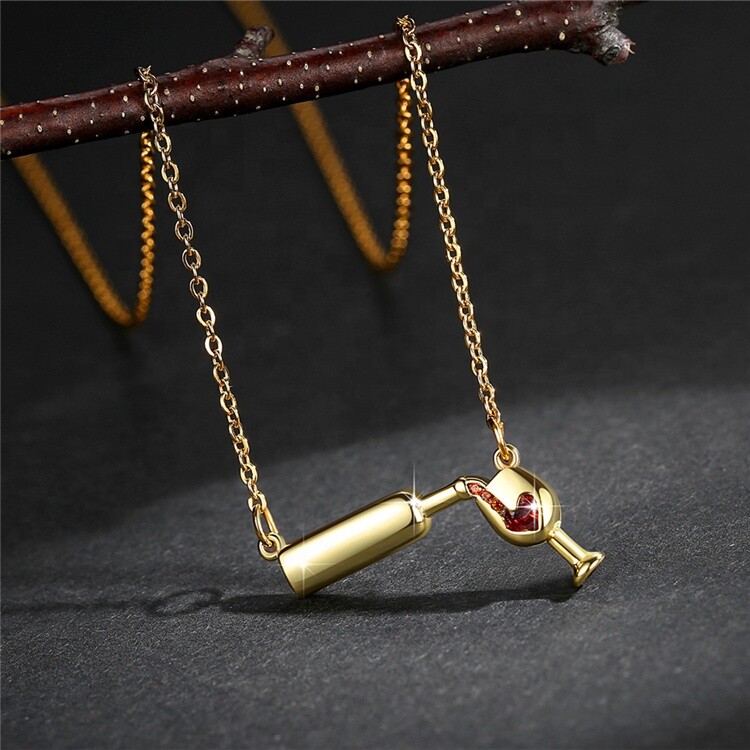 Gold Bottle of Wine w/ Glass Pendant Chain Necklace Jewelry – Cute and Fun