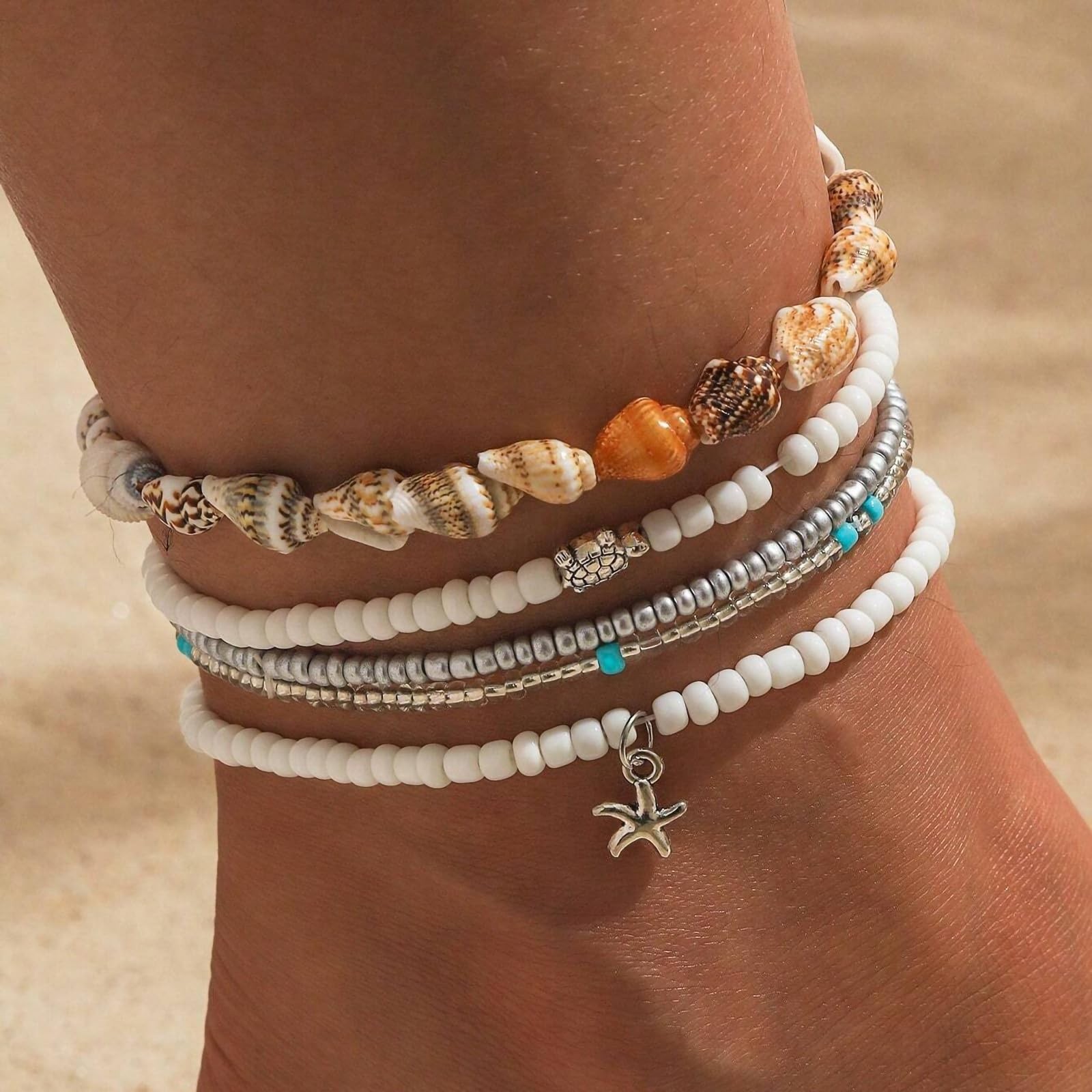 Qceasiy Bead Ankle Bracelets Set For Women, Adjustable Boho One Size, Gold