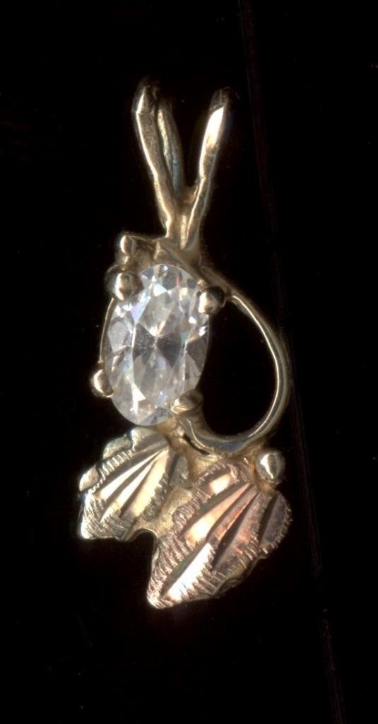 10K 17mm Solid Yellow Gold Oval Clear Crystal CZ Solitaire Leaf Petal Pendant Ee