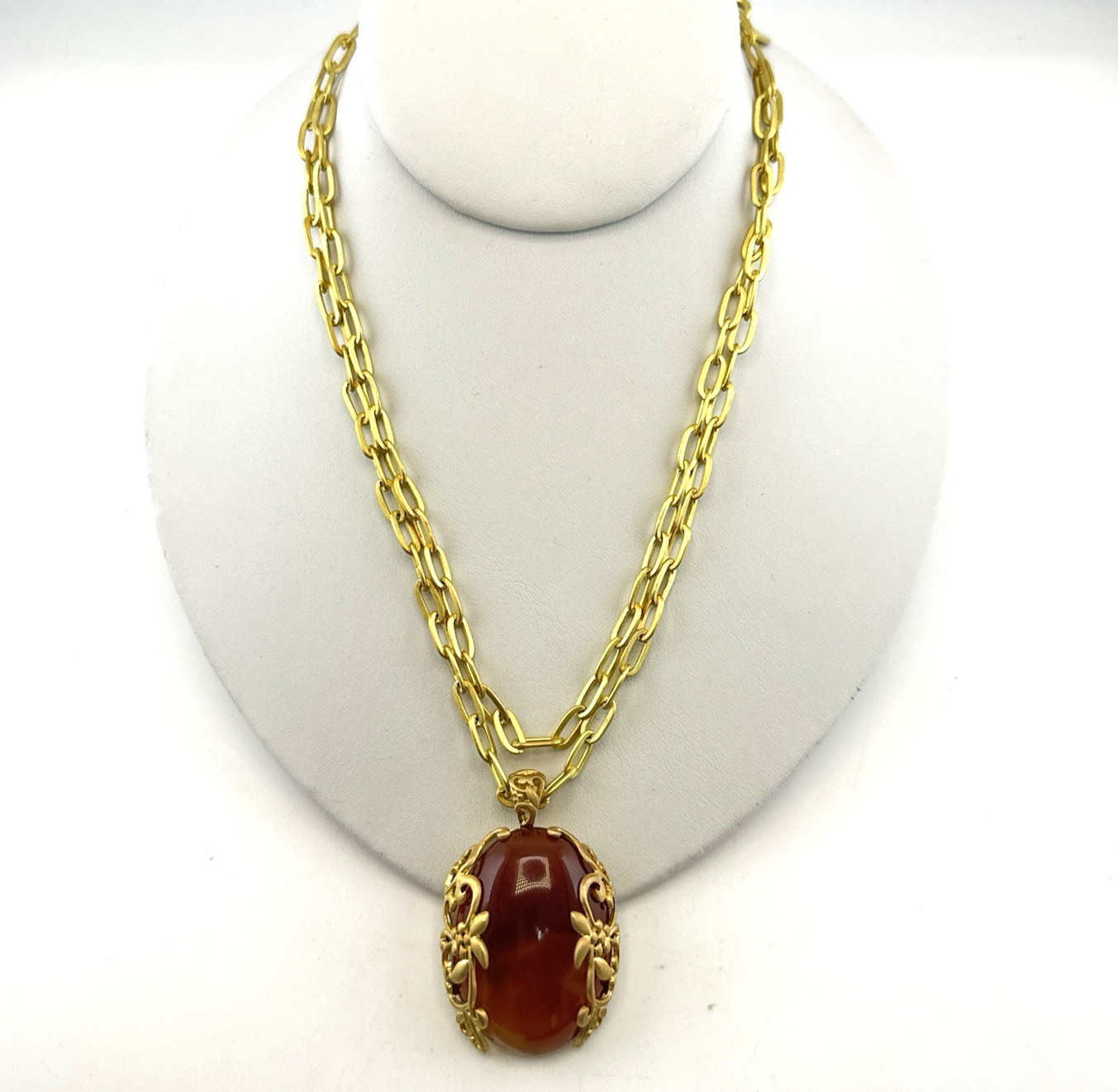 Sheila Fajl Necklace Floral Flower Faux Carnelian Gold Tone Brazil Chain Link