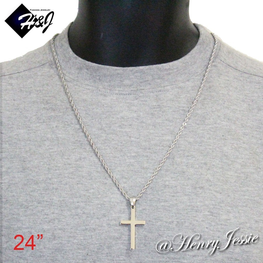 24″MEN Stainless Steel 2.5mm Silver Smooth Rope Chain Necklace Cross Pendant*P