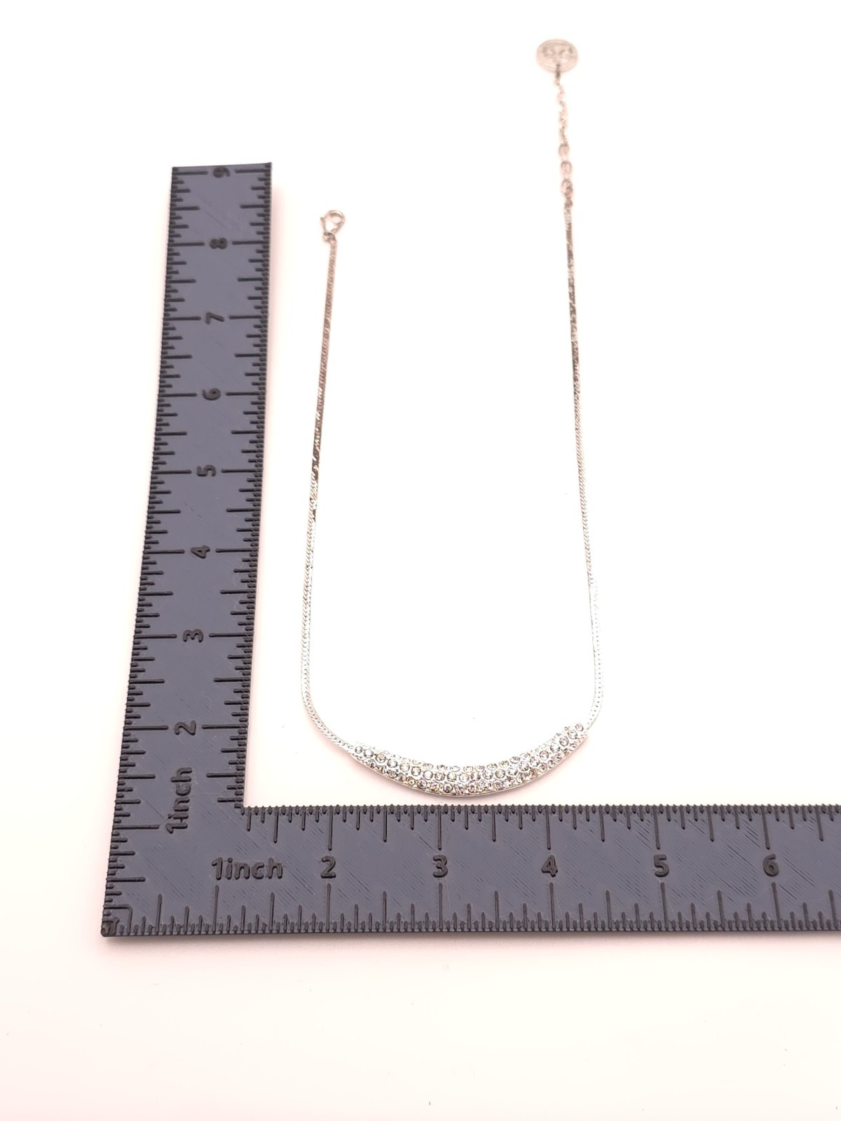 Vtg Trifari Signed Silver Tone Crystal Curved Bar Chain Necklace