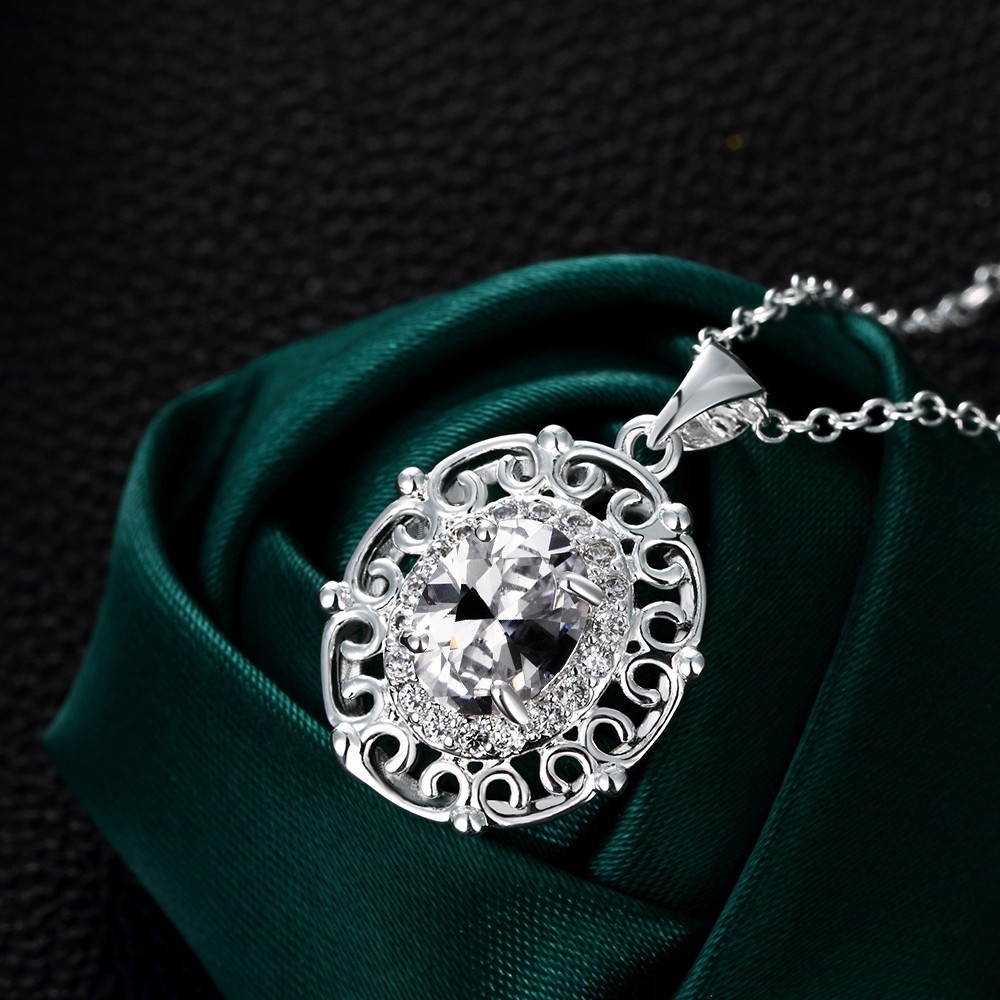 Antique 925 Sterling Silver Filled SF Oval CZ Pendant Necklace N-A655 Gift