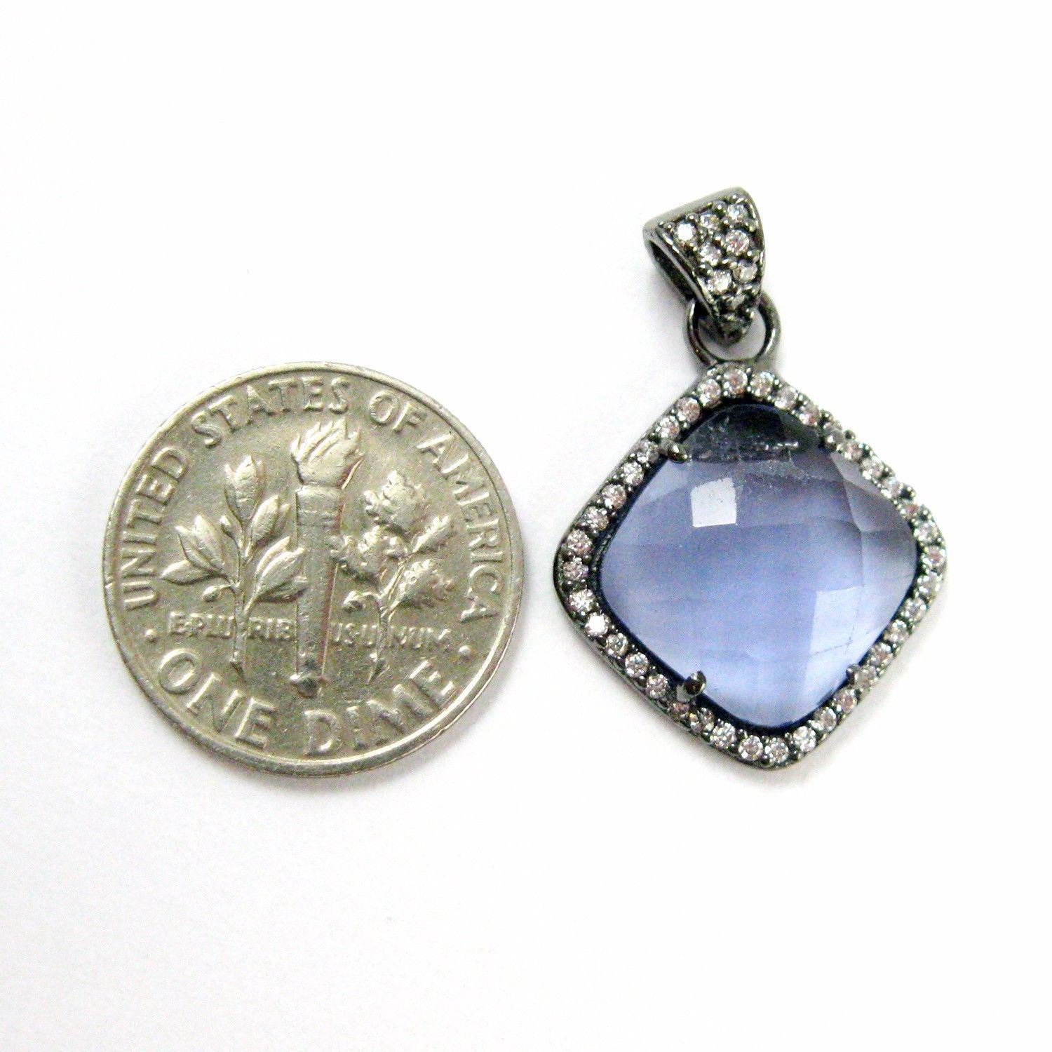 Oxidized Silver Iolite Quartz Bezel Gem Pendant,Cubic Zirconia Pave 17mm
