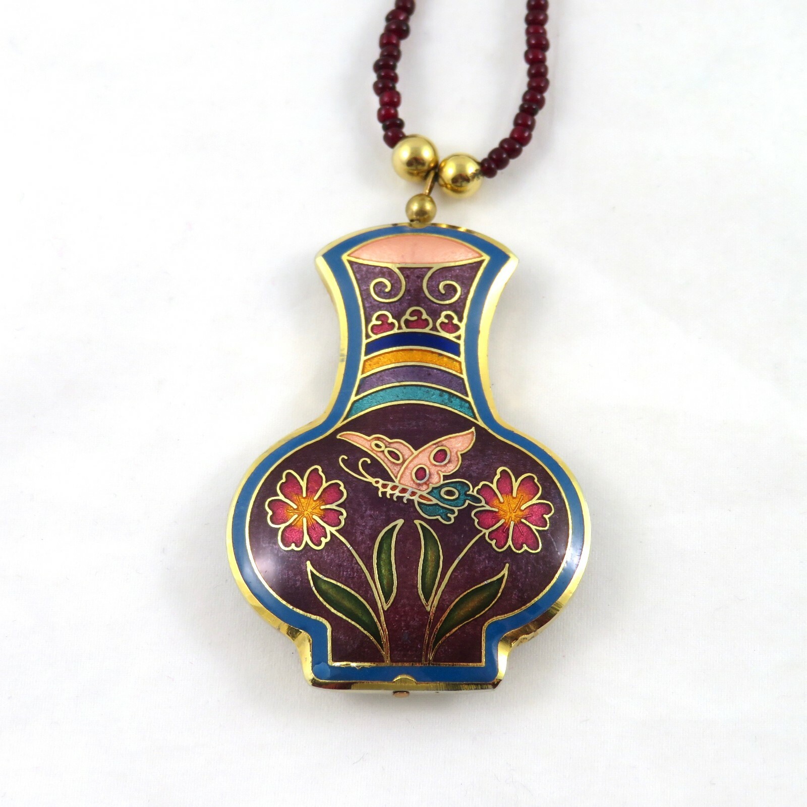Enamel Flower Vase Pendant Necklace Butterfly Beaded Chain 37.75″