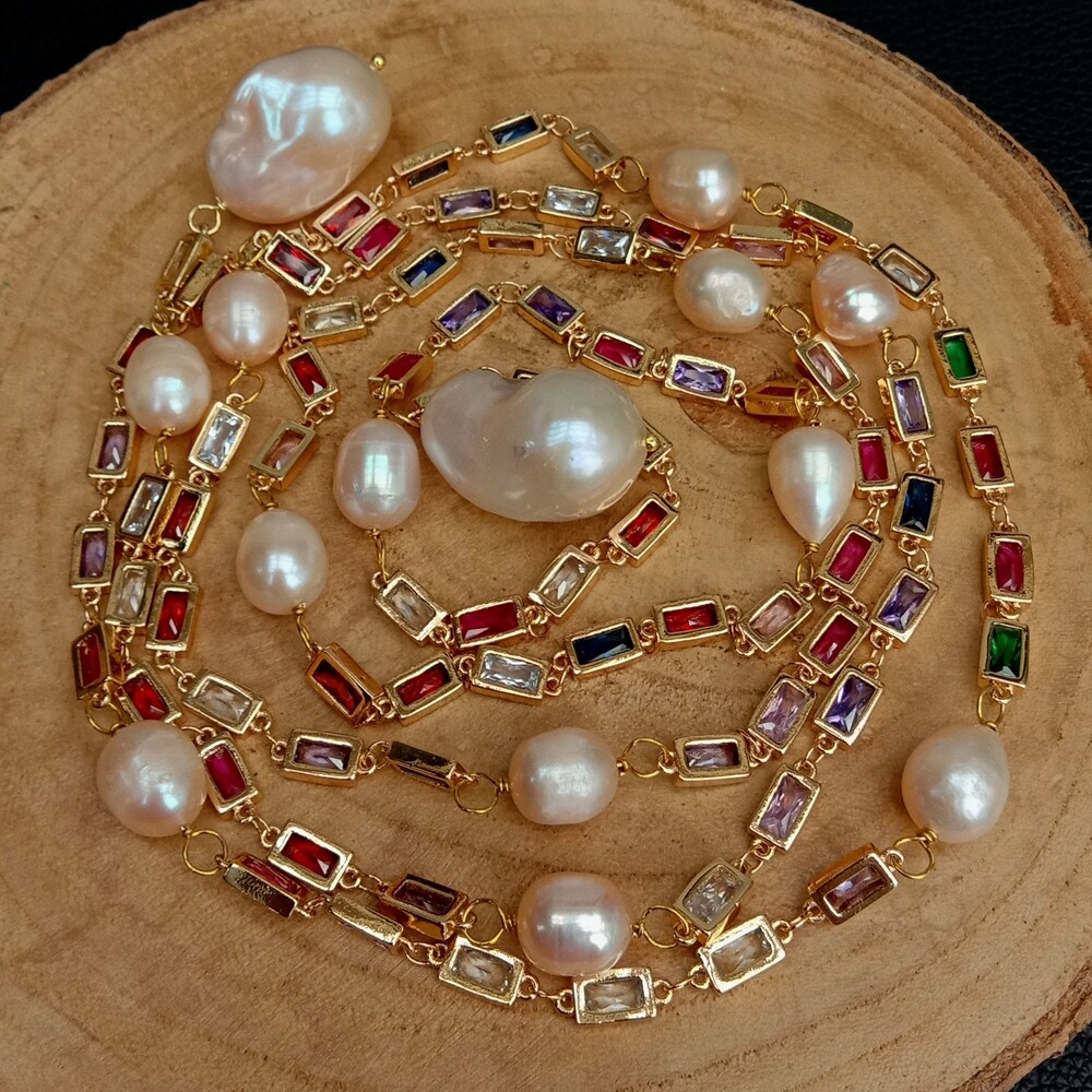 50″ Cultured Pink Keshi Pearl Mixed Color Rectangle Cz Pave Long Chain Necklace
