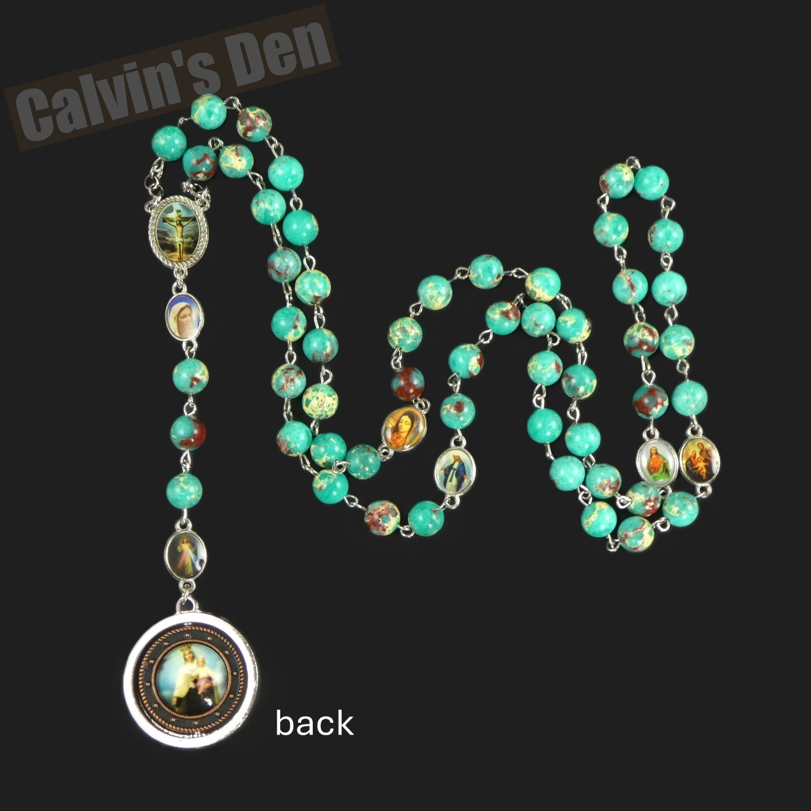 Green Snakeskin Jasper Bead Rosary Spinning Divine Mercy Madonna & Child Pendant