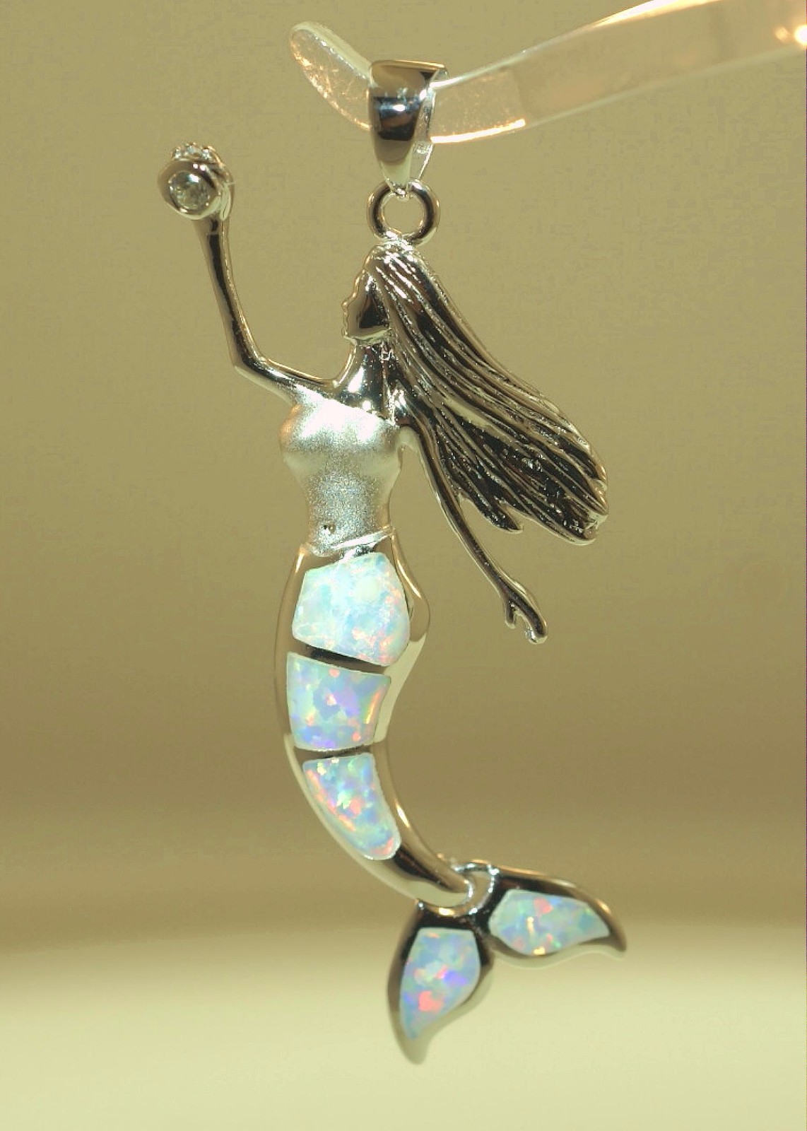 28MM RHODIUM 925 SILVER INLAID WHITE OPAL WIGGLING HAWAIIAN MERMAID CZ PENDANT
