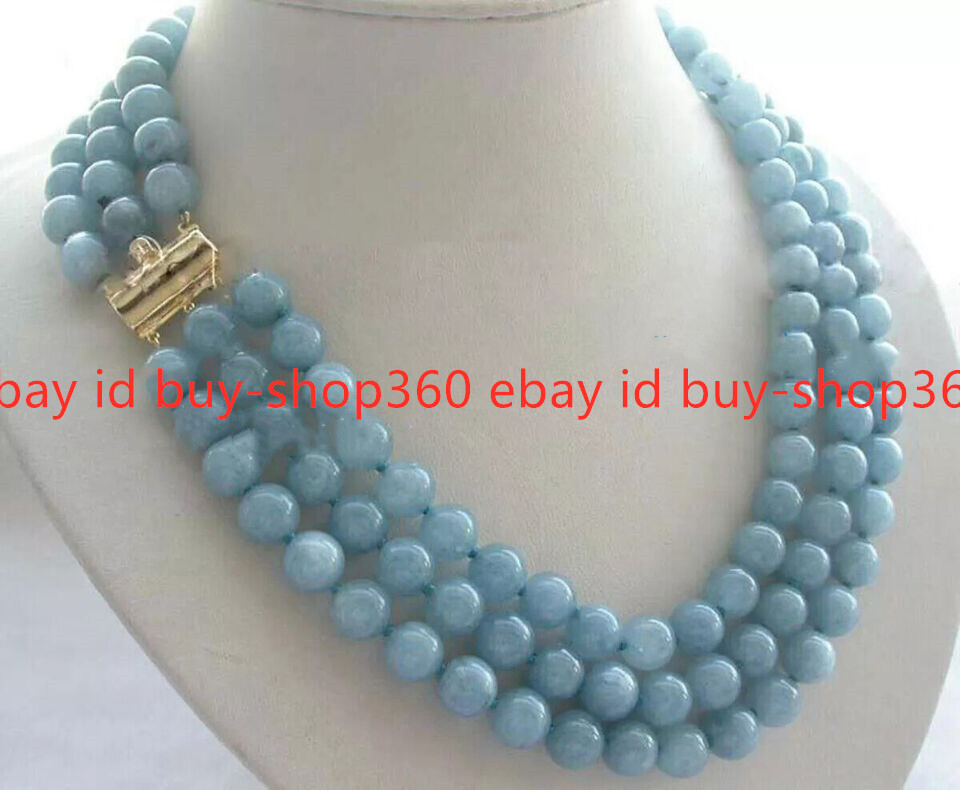 3 Rows Natural Blue Aquamarine Round Gemstone Beads Necklace 18-20” 6/8/10/12mm