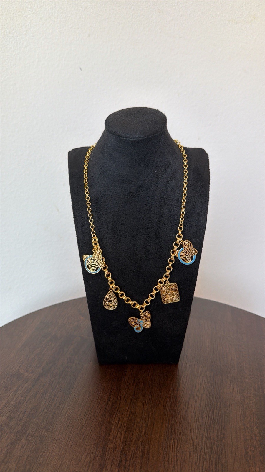Gold & Blue Enamel Flower Charm Necklace Gold Tone Cable Chain Metal