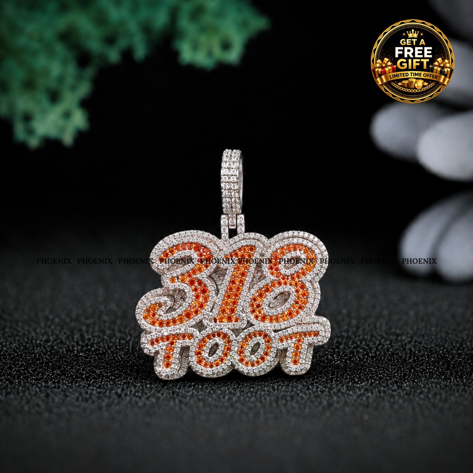 318 Toot Iced Out Pendant 925 Sterling Silver Orange CZ Hip Hop Necklace