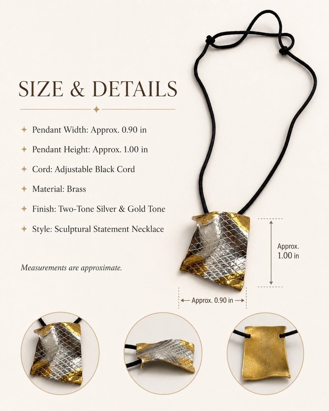 Two-Tone Textured Brass Asymmetrical Amulet Pendant Necklace Adjustable Cord