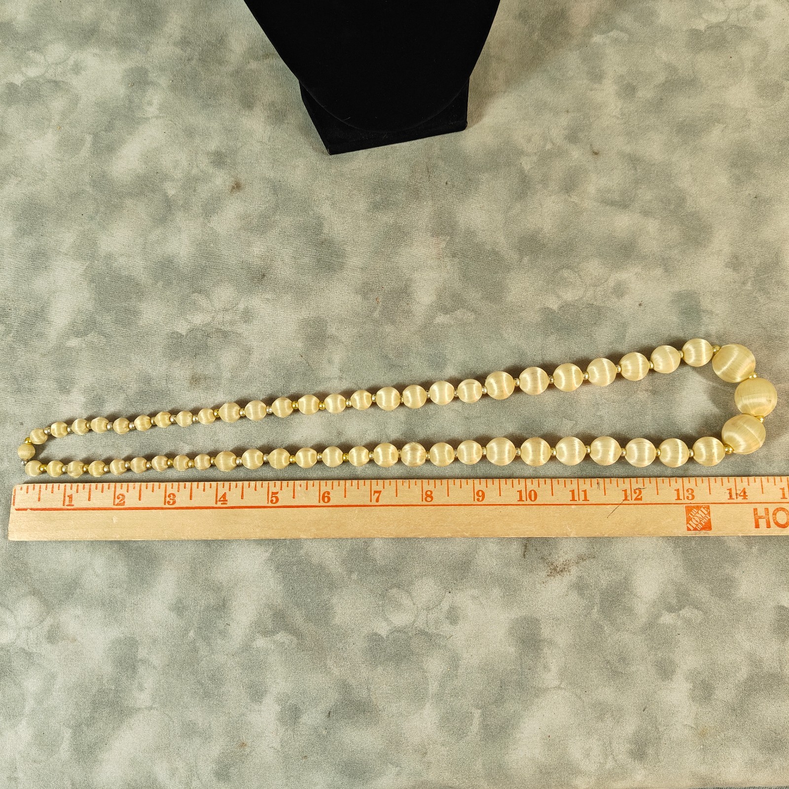 1950s Pale Champagne Satin Silk Wrapped Bead Necklace 30″ Strand Vintage Jewelry