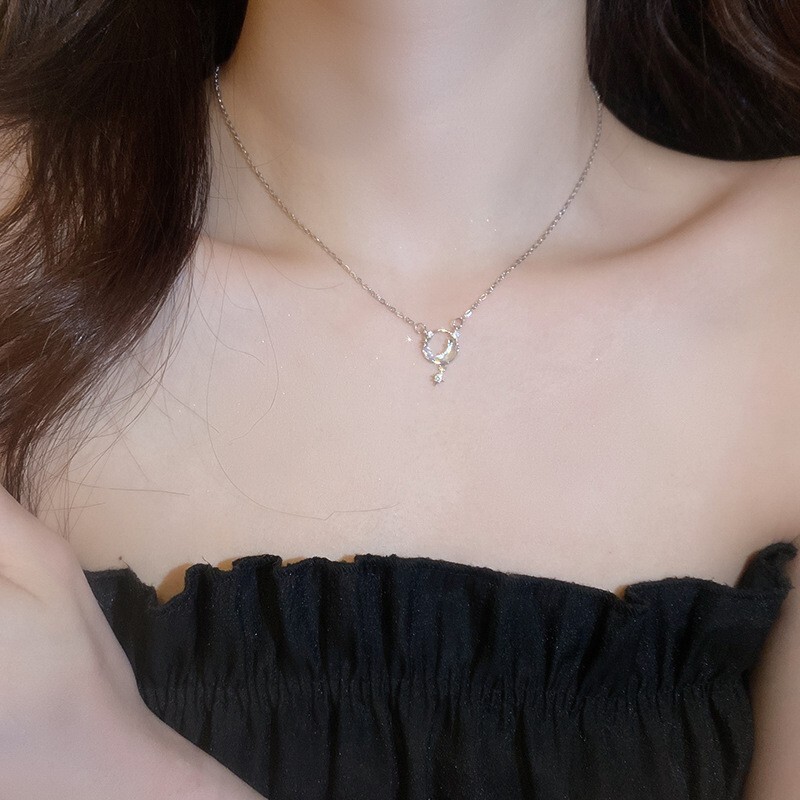 Pearl Color Moon Stone Cubic Zirconia Star Necklace Silver Chain Necklace 3483