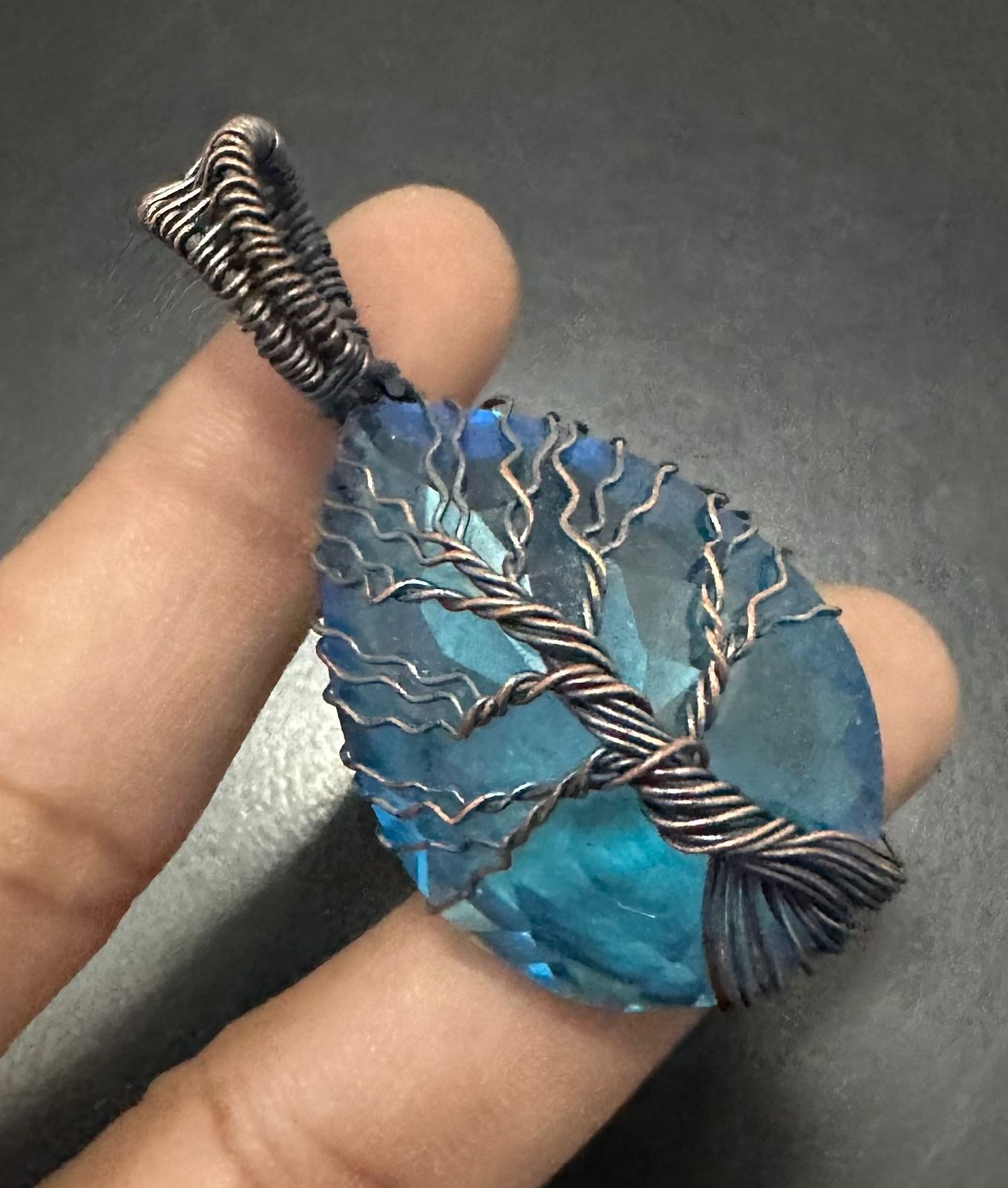 Blue Quartz Gemstone Copper Wire Wrapped Handmade Pendant Jewelry Gift For Love