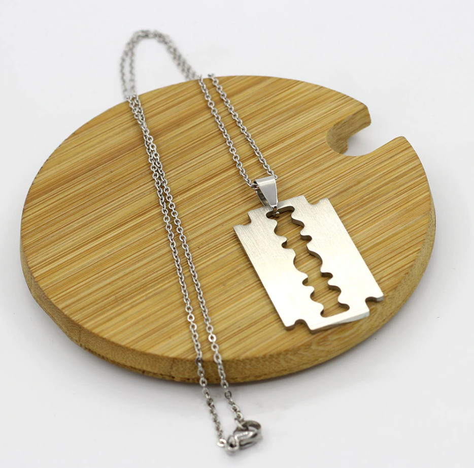 Silver Stainless Steel Silver-Tone Razor Blade Pendant Necklace