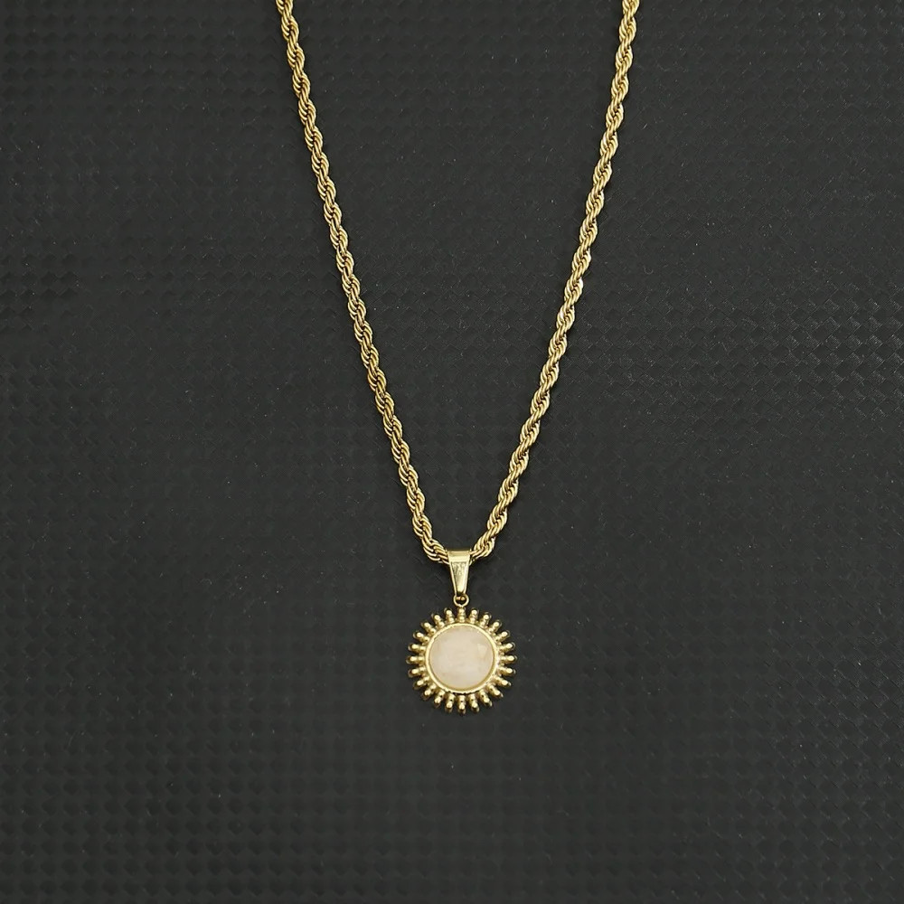 Sunflower Natural Stone Pendant Necklace 18K Gold color Stainless Steel Hip Hop