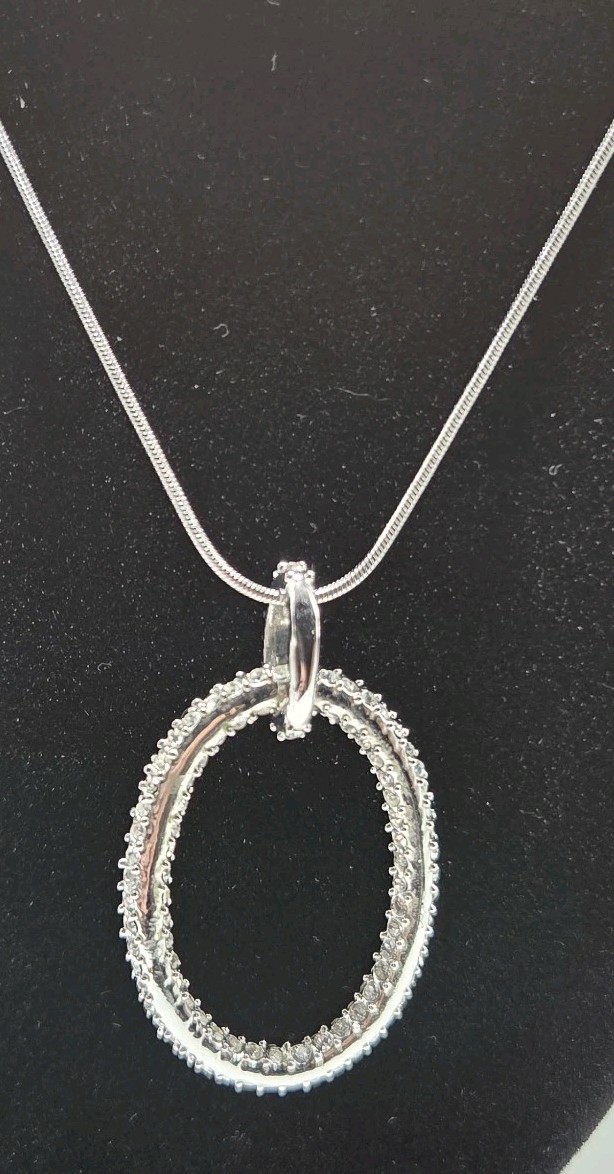 Park Lane? Unmarked Silver Tone Oval Necklace 20″ Clear CZ Cubic Zirconia Pave