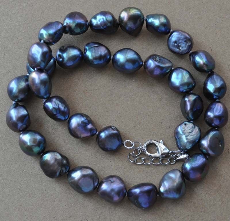 Natural 8-9mm Peacock Black Freshwater Cultured Baroque Pearl Necklace 18”