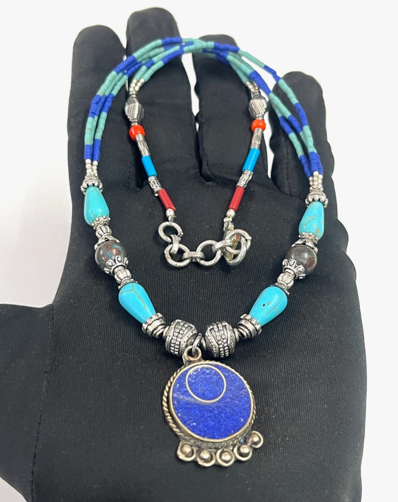 Nepalese Lapis Turquoise Gemstone Tibetan Necklace Jewelry, 17 inch Adjus