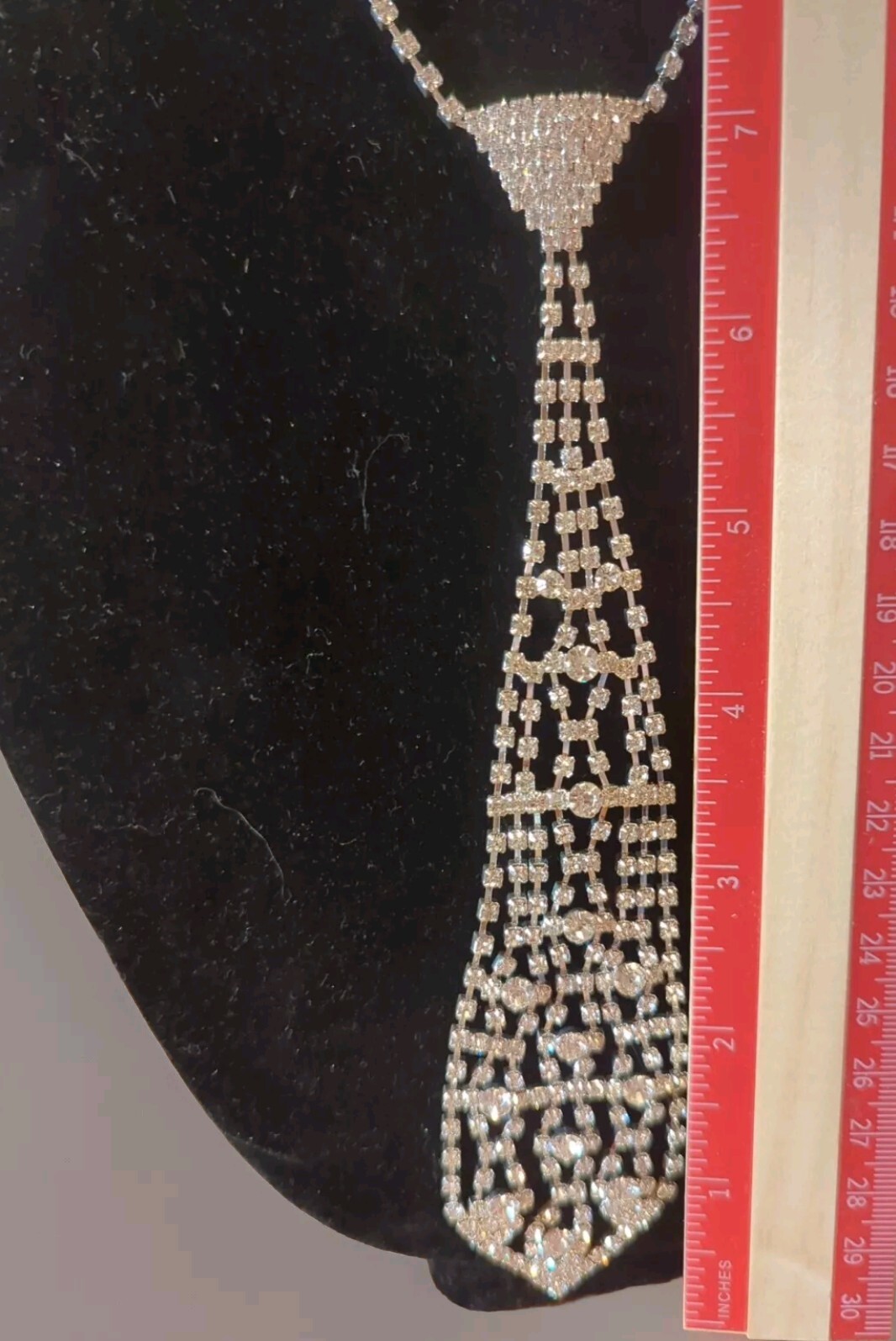 Rhinestone Necktie Silver Tone Necklace 16″ + 7″ Sparkly Dangle Tie Valentines