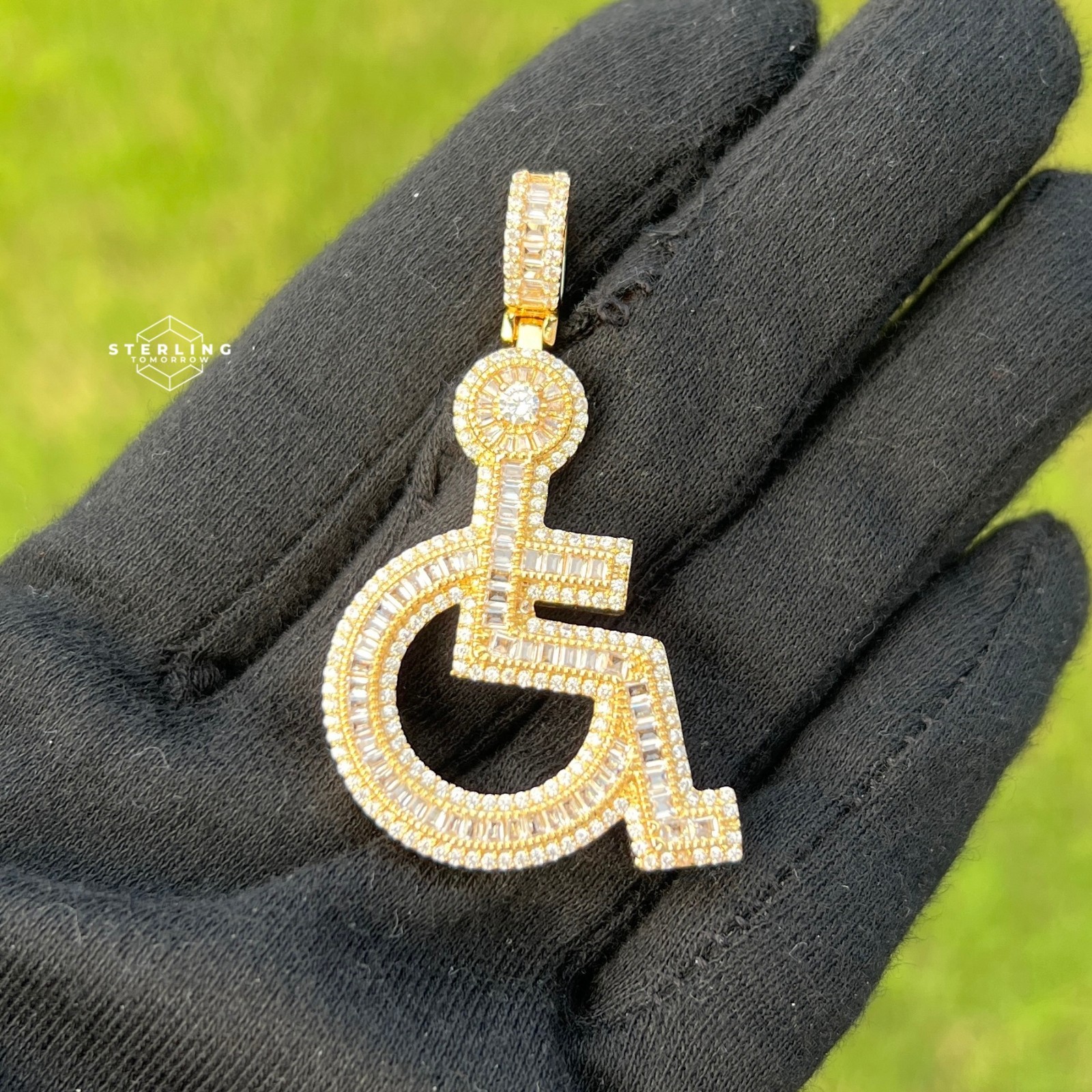 14k Gold Plated Iced Out Wheelchair Pendant Bling + AntiTarnish Rope Chain