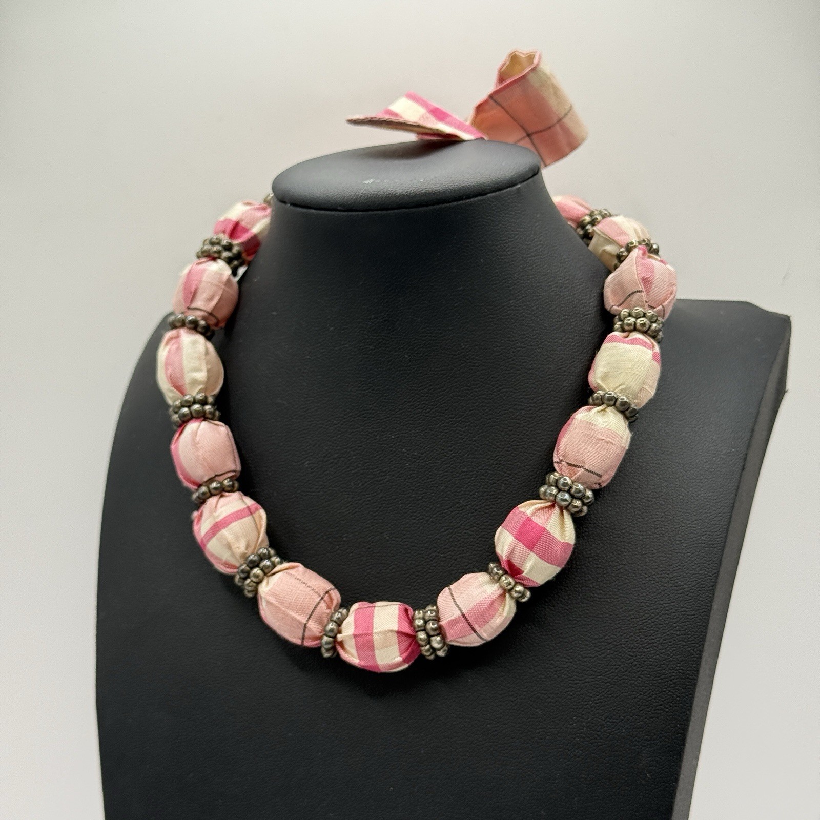 Pink Plaid Fabric Tie Back Necklace PEAPODS.ORG Preppy Adjustable Beaded Girly