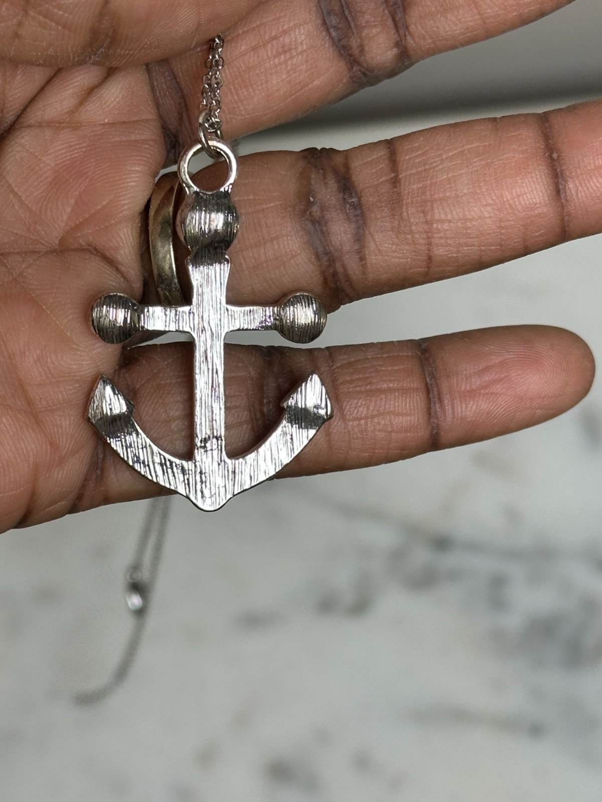 Blue Rhinestone Anchor Pendant Necklace Silver Tone Nautical Coastal Jewelry
