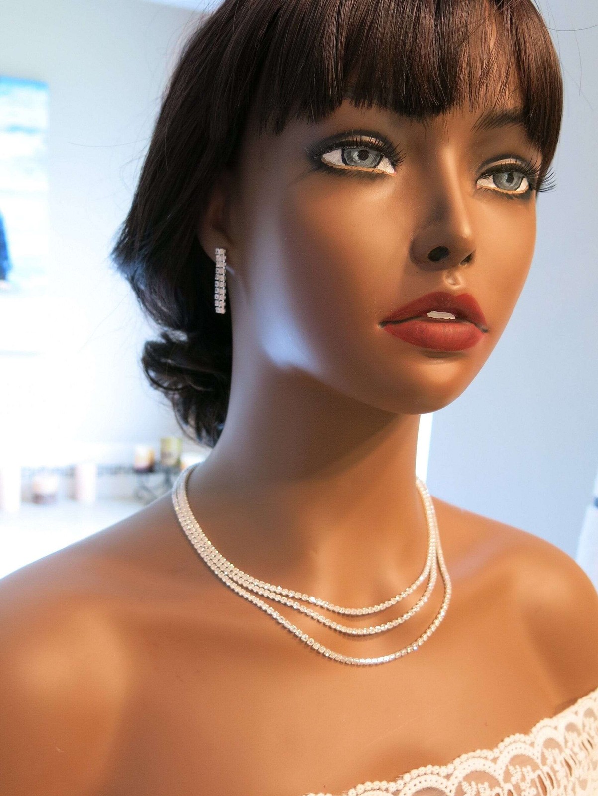 Bridal Rhinestone Crystal Multi Layer Necklace and Earrings 3 PC Jewelry Set