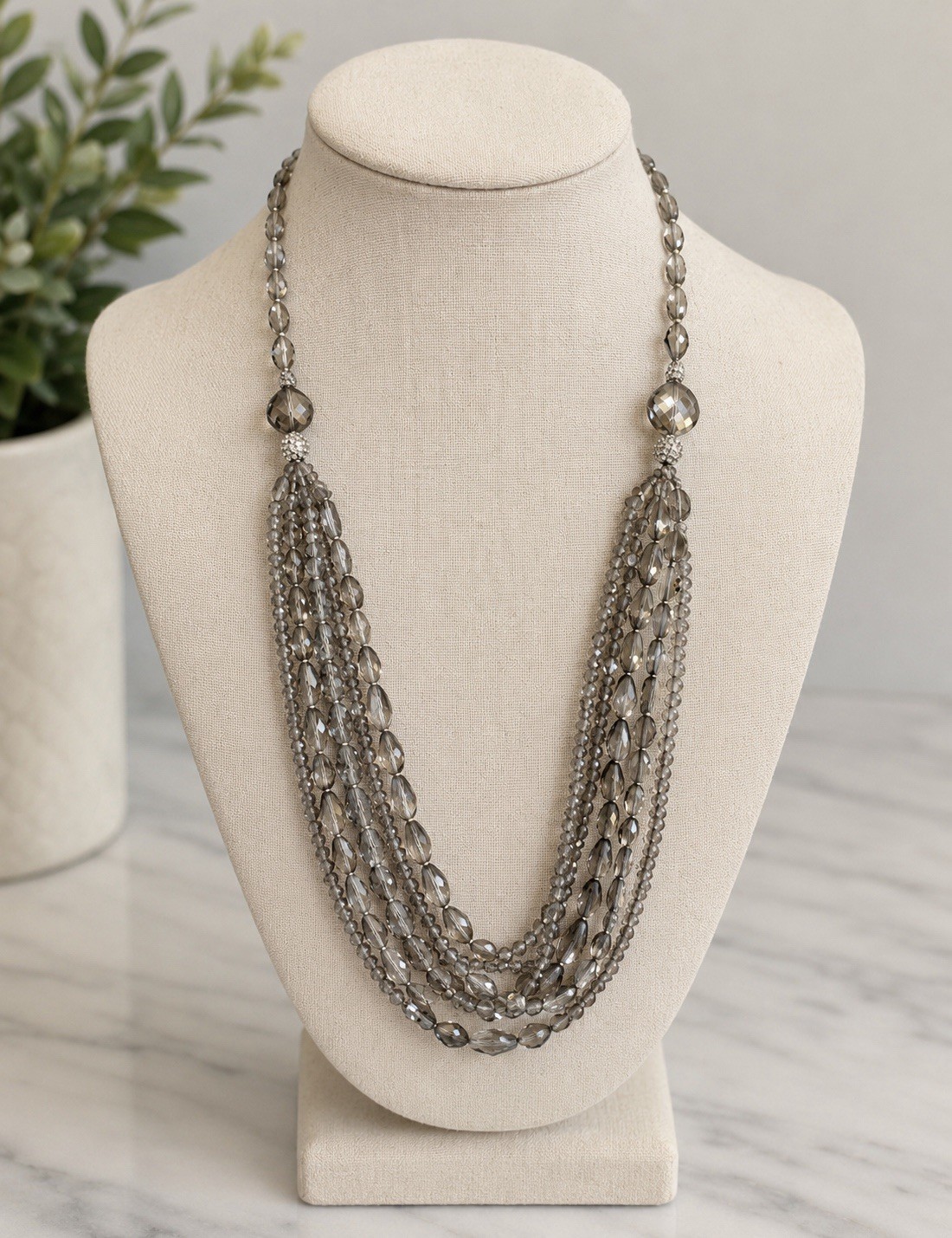 Chico’s Multi Strand Gray Glass & Crystal Necklace Silver Tone Statement Necklac