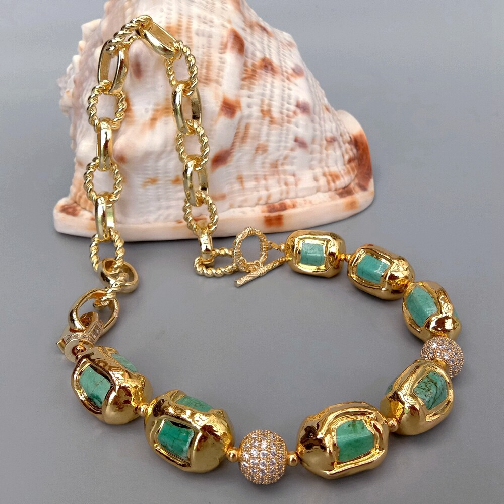 16.5″ Turquoise With Electroplated Edge CZ Pave Beads Chain Choker Necklace
