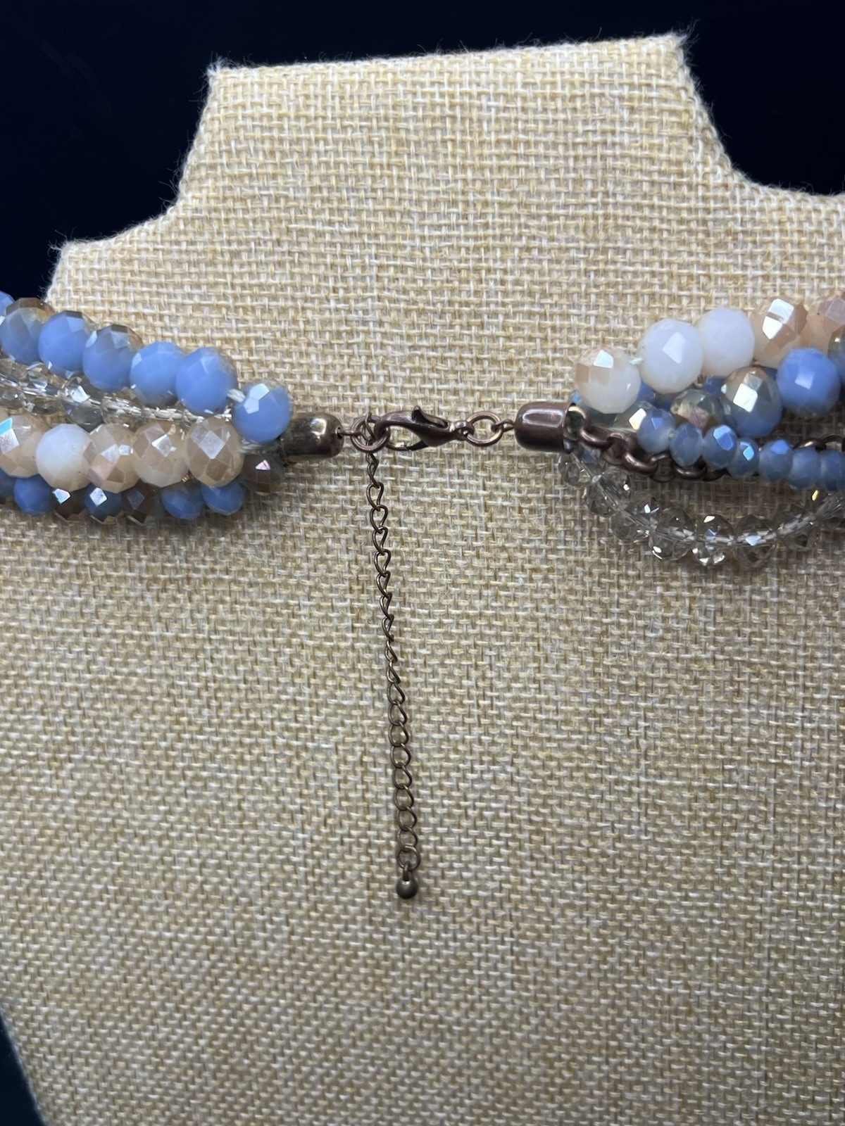 Layered Faceted Glass Crystal Bead Statement Necklace Blue White Taupe 19-22”