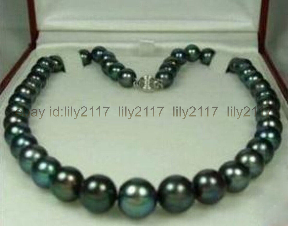 9-10mm Genuine Natural Tahitian Black Pearl Necklace 18″