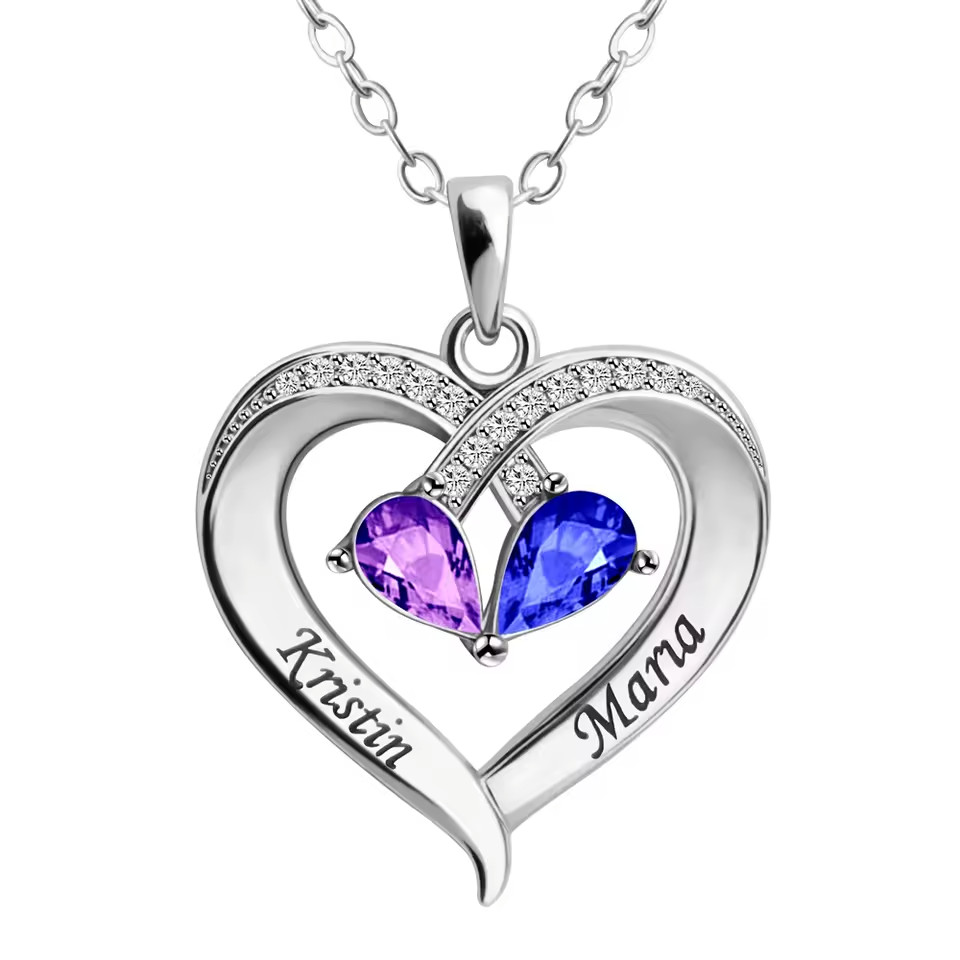 Custom Double Birthstone Name Necklace Engraved Jewelry Zirconia Heart Pendant